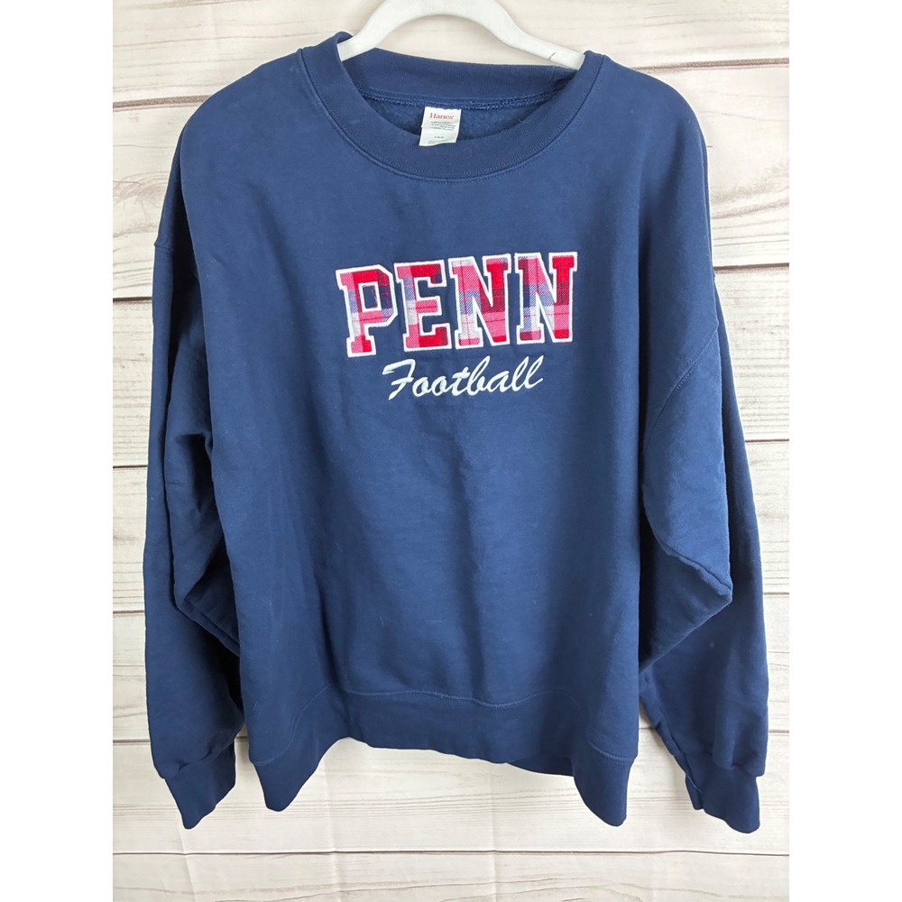 Hanes Penn Football Sweatshirt Mens Large Navy Blue Plaid Applique Crewneck